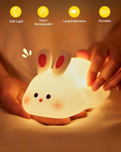 30-Min Big Face Rabbit Silicone Night Light, Squishy Bunny Lamp with Touch Control, Timer, Rechargeable Kids Night