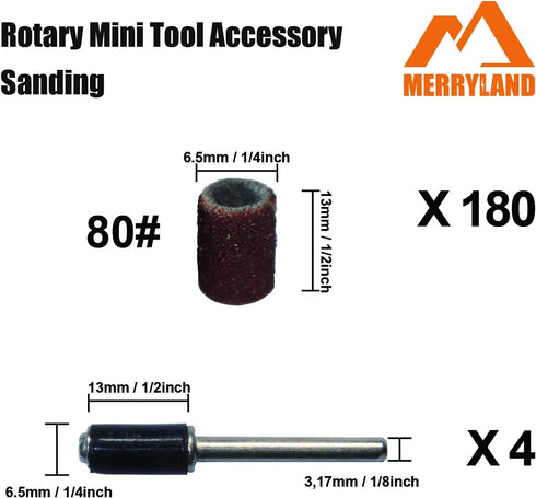 Merryland Drum Sander Sanding Band for Dremel, 184pcs 80# 1/4" Sanding Sleeve 180pcs and 4pcs Mandrel