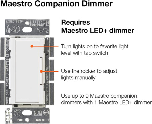 Dimmer Lutron Maestro Companion Multi-Location | Not for Standalone Use | MA-R-AL, Almond