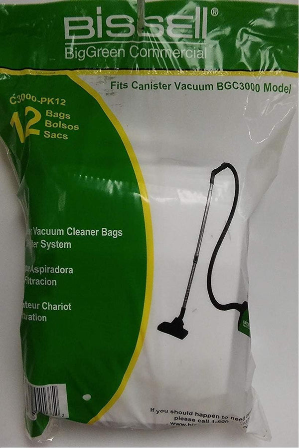 Bissell Big Green Commercial Paper Vacuum Bags, 12-Pack, 2.25-Gallon Capacity, Model Number C3000-PK12
