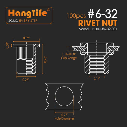 Hanglife #6-32 100 Rivet Nut, UNC SAE Rivnut - Flat Head Nutserts, Zinc-Plated Carbon Steel Knurled Body Threaded