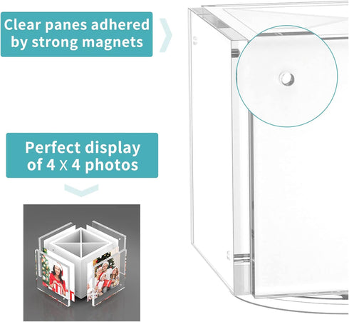 HIIMIEI Acrylic Rotating Pen Holder - Desk Organizer with Picture Frame for 4 Family Photos (White)