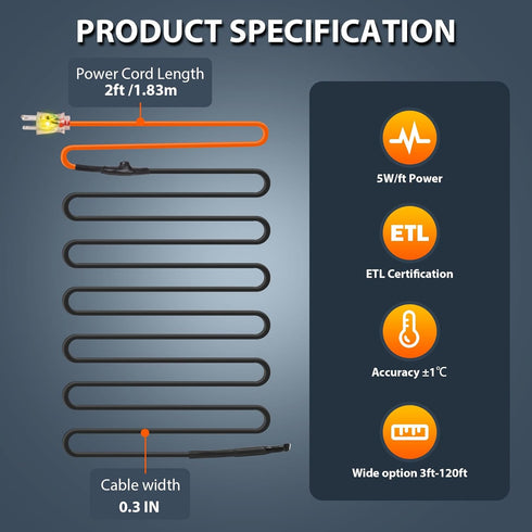 HEATIT JHSF 12ft Self-Regulating Pipe Heating Cable with Thermostat - Energy-Saving Automatic Heat Tape for Pipes