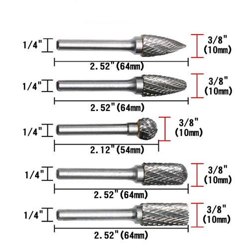 Tungsten Carbide Burr Set Double Cut – 5pcs 1/4" Shaft 3/8" Cutter Head Rotary File Tool, Die Grinder Bits for Metal