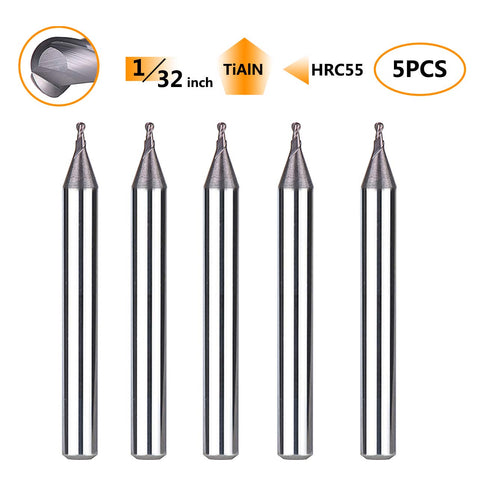 5Pcs 1/32 inch 1/8 inch Set SpeTool Carbide Ball Nose End Mills with TiAlN Coated , Cutting Diameter , Shank , Up Cut
