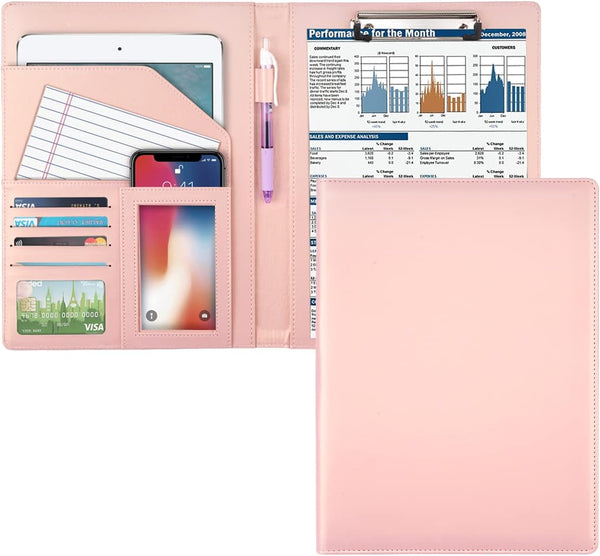 WAVEYU Portfolio Case, Business Portfolio Folder, Cute Padfolio Cover with Document Sleeve, Pink
