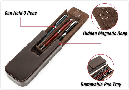 Top Grain Genuine Leather 3 Pen/Pencil Tray Case Holder, Handmade, Magnetic Closing, Glossy Red, 3 Slots, No Logo