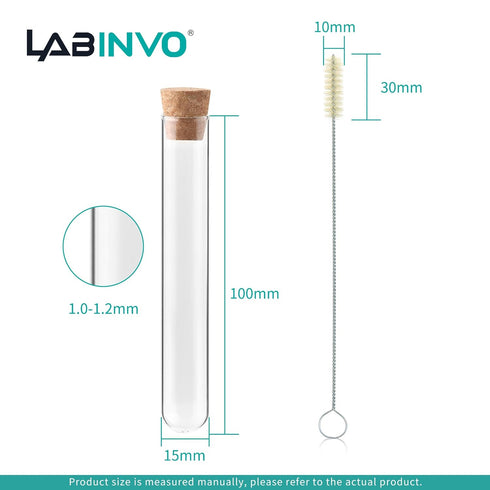 10ml Glass Test Tubes with Cork Stoppers and Brush, Round Bottom, Pack of 50 for Plants, Bath Salts, Experiments