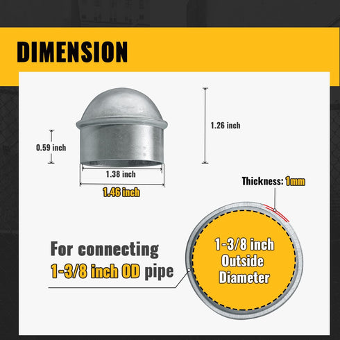 1-3/8" Chain Link Fence Post Cap, VIVIDA Post Cap for Chain Link Fence, Galvanized Steel, for 1-3/8" OD Post/Pipe, 2 PCS
