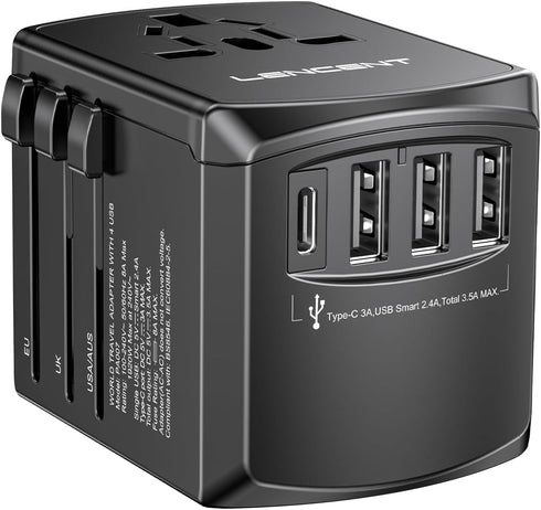 LENCENT Universal Travel Adapter, International Charger with 3 USB Ports and Type-C PD Fast Charging for iPhone,