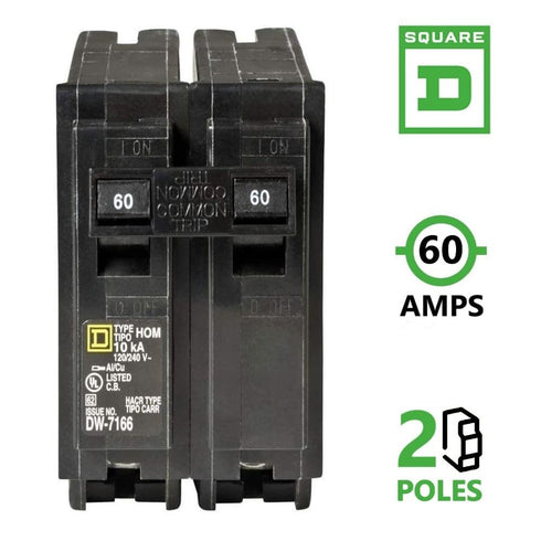Plug In Circuit Breaker, HOM, Number of Poles 2, 60 Amps, 120/240VAC, Standard