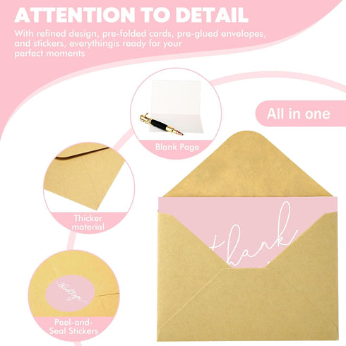 Supervitae 100 Pack 3.5 5 Inch Pink Thank You Cards Bulk with Envelopes and Stickers x Thank You Cards for Baby Shower