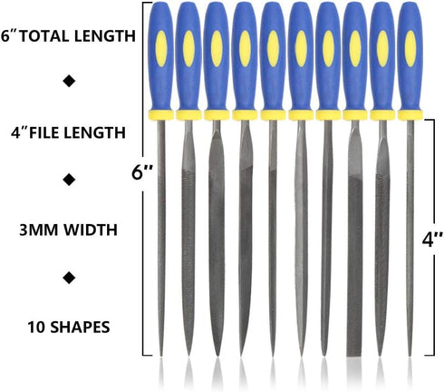 KALIM 10PCS Needle File Set High Carbon Steel with Plastic Non-Slip Handle for Wood, Plastic, Model