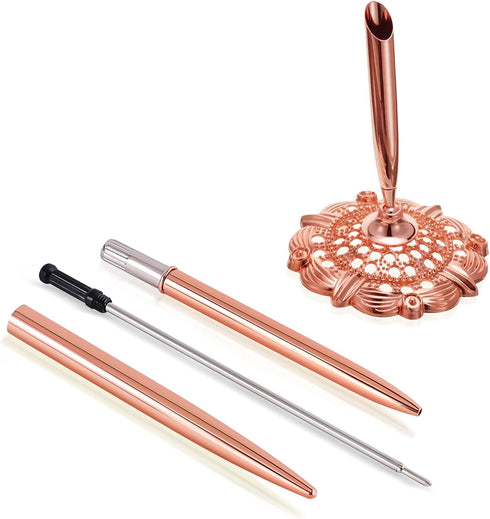 Hollow Round Signing Pen Set for Wedding Bridal, Rose Gold Pen Holder