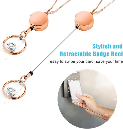 Retractable Badge Reel Lanyard with 2 Pieces ID Holder for Women, Fashion Beaded Chain Premium Stainless Steel Necklace