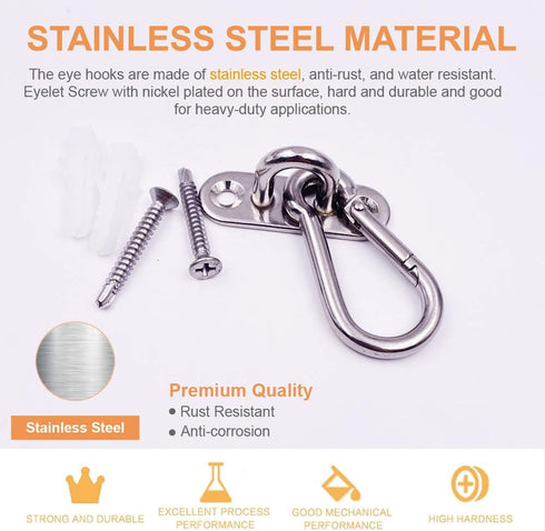 10 Pcs Stainless Steel 1.8 inch Pad Eye Plate U Hooks + 10 Pcs Snap Hook, Marine Hardware with Screws