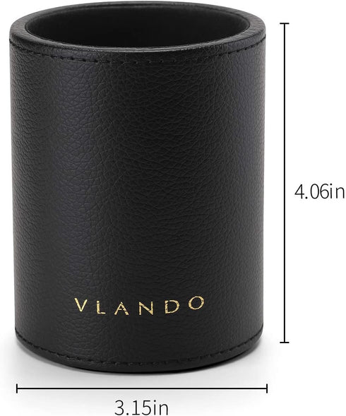 Vlando Leather Desktop Organizer Caddy with Drawer, Office Desk Supplies and Accessories Storage, Black Set