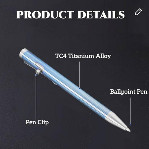 Titanium Bolt Action Pen with Clip, Ballpoint Pen, Pocket Pen, Compact Size EDC Pen for Everyday Carry (Blue)