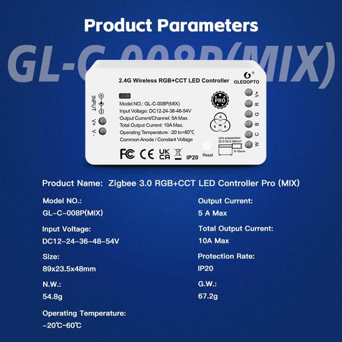 GLEDOPTO 3.0 Dimming ZigBee RGBCCT LED Strip Controller Pro RGB Color and Warm White Cold White Light Mix PWM Smart