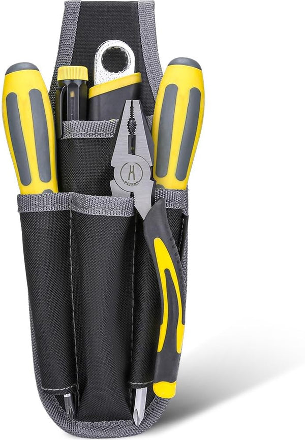 Tool Belt, 4 Pockets Tool Pouch for Organization, with Metal Belt Clip Attachment for Craftsmen, Electrician, Gardener