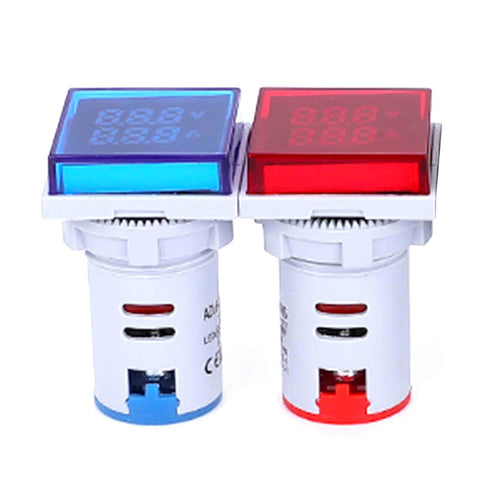 LED Display Voltmeter, Voltage Tester Current Detector, AC 50-500V, 0-100A, Round 22mm, Square Blue