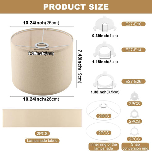 Axrivonte Set 2,Linen Lampshades,10.24" 10.24" 7.48" Beige Lamp shades of Drum Top x Bottom x High Small Lamp Shade