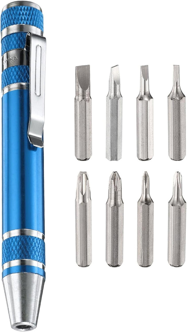 8 in 1 Mini Pocket Pen Screwdriver Set, CR-V Multi-Function Magnetic Screw Driver with Phillips and Flat Head Bits, Blue