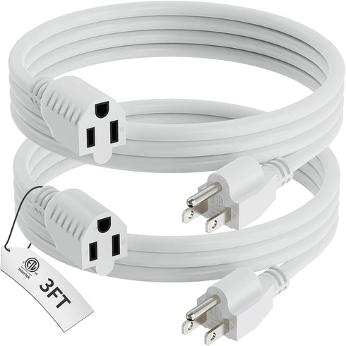 3 FT Extension Cord Black, 2-Pack Short Power Cord, Indoor/Outdoor 16 Gauge 3 Prong Grounded Wire
