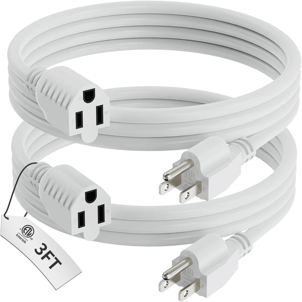 3 FT Extension Cord Black, 2-Pack Short Power Cord, Indoor/Outdoor 16 Gauge 3 Prong Grounded Wire