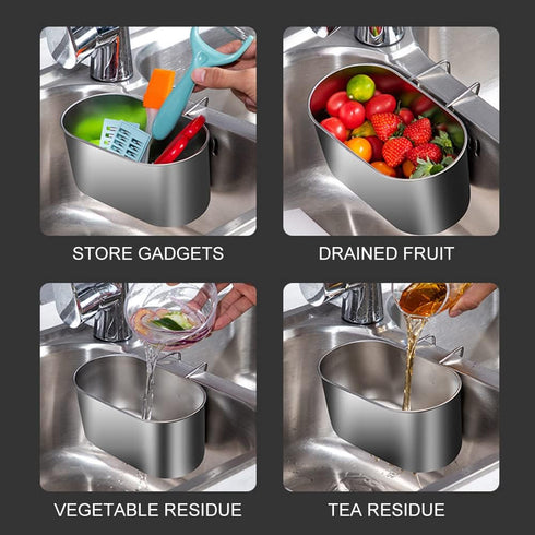 Frinovalt Stainless Steel Drain Basket, Kitchen Sink Drain Basket Storage Rack Strainer for Vegetables, Fruits, Kitchen
