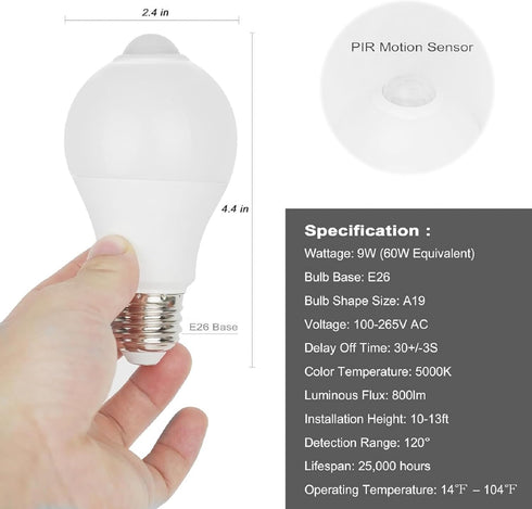 ZERONGIN Bulbs 1 Packs 9W(60W Bulb, E26, A19, 5000K Bulb Intelligent PIR Motion Sensor Light Indoor Outdoor Equivalent)