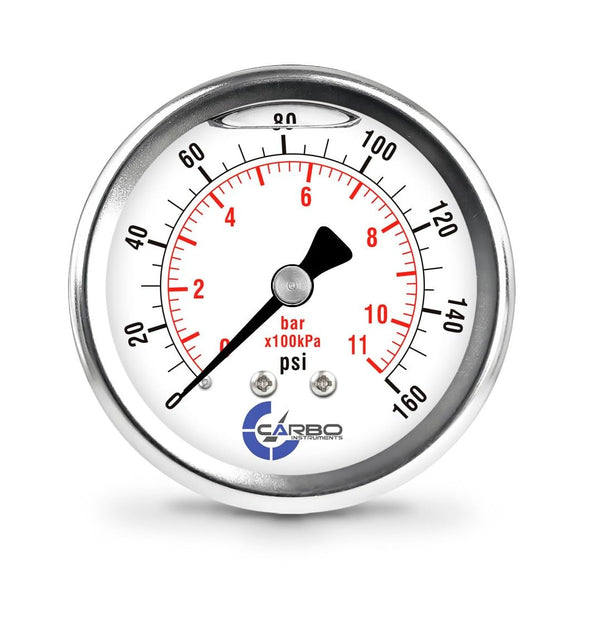 2 1-2" Pressure Gauge, Stainless Steel Case, Chrome Plated Brass Connection, Liquid Filled, 0-160 psi/kPa, Back Mount