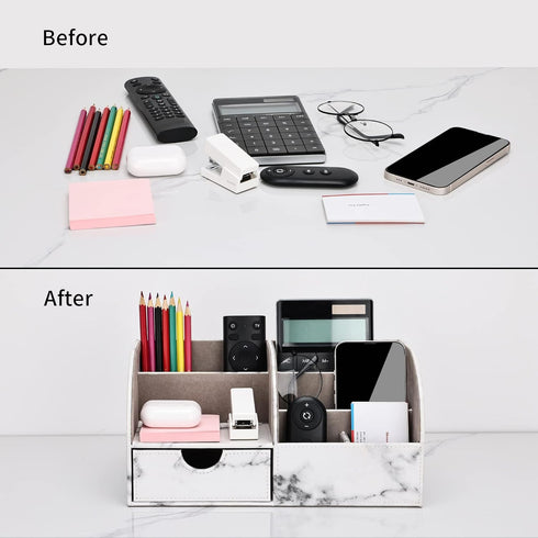 KINGFOM Pu Leather Desk Organizer - Pen Pencil Holder with 6 Compartments and Drawer, Gray Marble