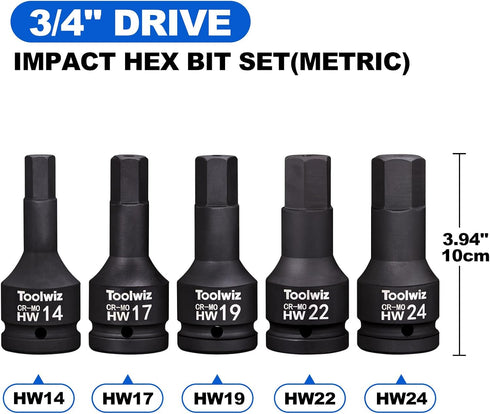 3/4 Inch Set, 5-Piece 14mm-24mm, Set, Toolwiz Drive Impact Hex Bit Metric Cr-Mo Steel, One-Piece Construction