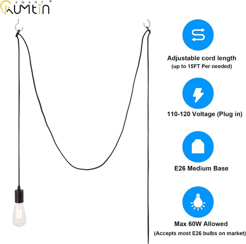 15 E26 1-Pack Feet Plug in Pendant Light, Pendant Light Cord Kit, Black Hanging Light Kits with ON/Off Switch, Socket