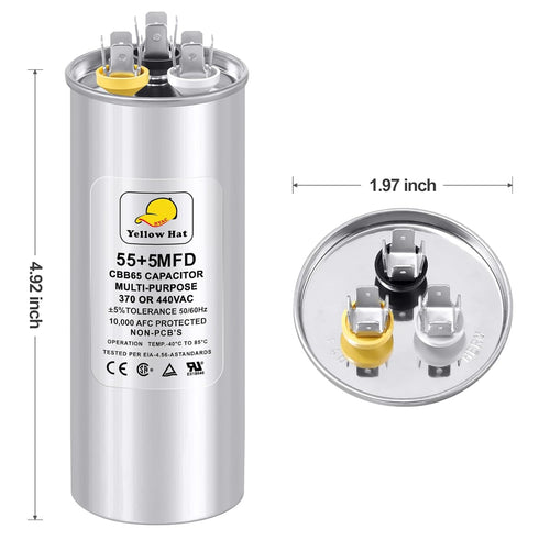 Capacitor for Air Conditioner 55+5 uf MFD 370 or 440 Volt VAC, Multi-Purpose Round Capacitor for AC Motor Run or Fan Motor Start or Condenser Straight