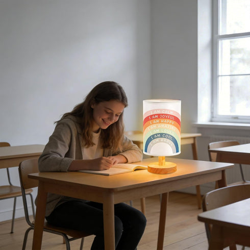 Lonfliness Boho Kids Table Lamp Rainbow Bedside Lamp Bedroom LED Night Light with Linen Wooden Nightstand Cartoon