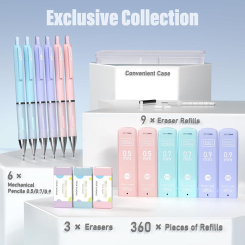 Four Candies Pastel Mechanical Pencil Set - 6PCS, 0.5 mm, 0.7 mm, 0.9 mm with 360PCS HB Lead Refills