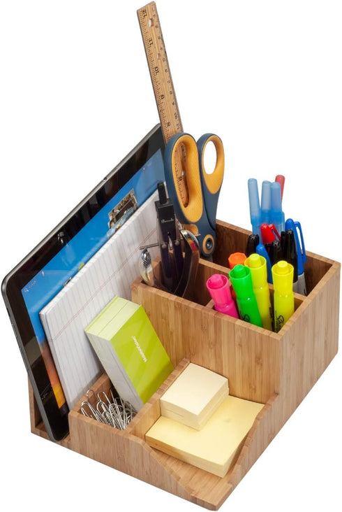 MobileVision Bamboo Multi-Function Desktop Organizer - Store Notepads, Folders, Paperclips, Business Cards & More