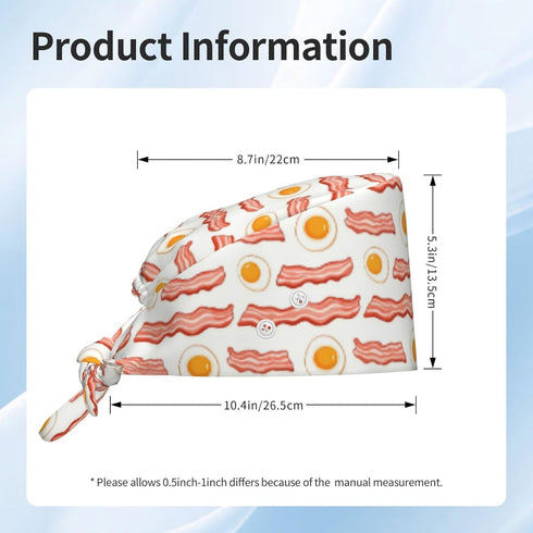 Nurse Scrub Cap Men Women with Buttons - Cute Eggs Bacon Print Soft Comfy Surgical Cap, Adjustable Tie Back Scrub Nurse