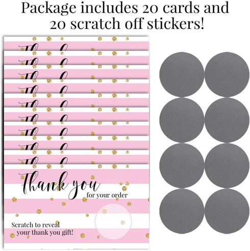 Pink Stripes Scratch & Win Customer Appreciation Package Inserts, 20 Single Sided Insert Cards with Scratch Off