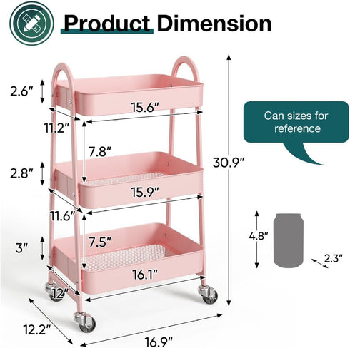 Generic 3 Tier Rolling Cart, Metal Utility Cart with Lockable Wheels - Pink Storage Organizer for Kitchen, Bathroom