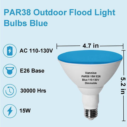 PAR38 Bulbs 2 Pack 700LM PAR38 Bulbs Dimmable 15W, 100W, 38 120V, E26 Outdoor Flood Light Blue, Blue Equivalent No