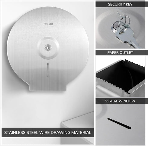 9 Inch Toilet Paper Towel Dispenser Wall Mount, Jumbo Roll Toilet Tissue Dispenser, Paper Key Lock Stainless Steel