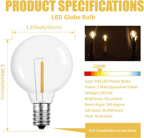 G40 Bulbs,1.57 Inch Bulbs E12 Base,1 5Watt Bulbs,Warm 50Pack LED String Light Plastic LED Globe Patio for Outdoor