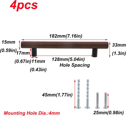 4-Pack 128mm/5.04" 7.16" Antrader Walnut Wood Drawer Pulls, Hole Centers, Total Length, Kitchen/Wardrobe/Cabinet Door