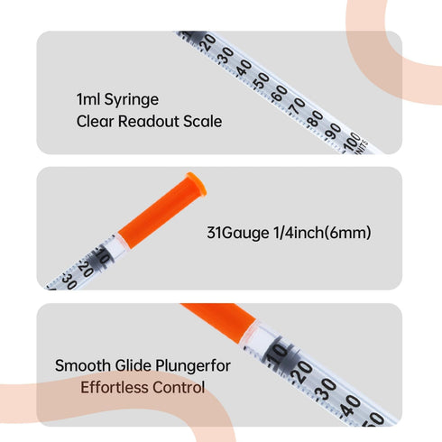 GVTCO 1ml U-100-31Ga 1/4-Inch 6mm, 100Pack Syringe Lab Liquid Supplies Individually Sealed