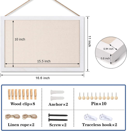 Miratino Cork Board Bulletin Board 16"x11" White Linen with Frame Pin Board Vision Board for Home Kitchen School Office