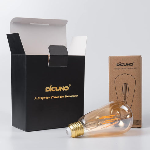 DiCUNO E26 Edison Bulbs, 60W, 2200K Amber Warm, 6W LED ST64, Vintage Filament, 600LM, Non-Dimmable, Pack of 2