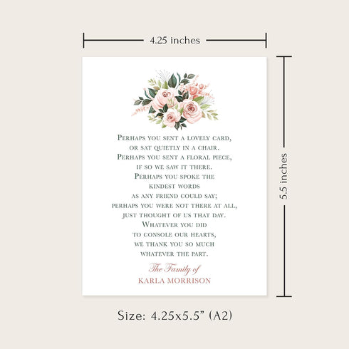 5.5x4.25 Sympathy Acknowledgement Cards, Personalized Funeral Thank You Cards with Poem and Pink Flowers - Flat